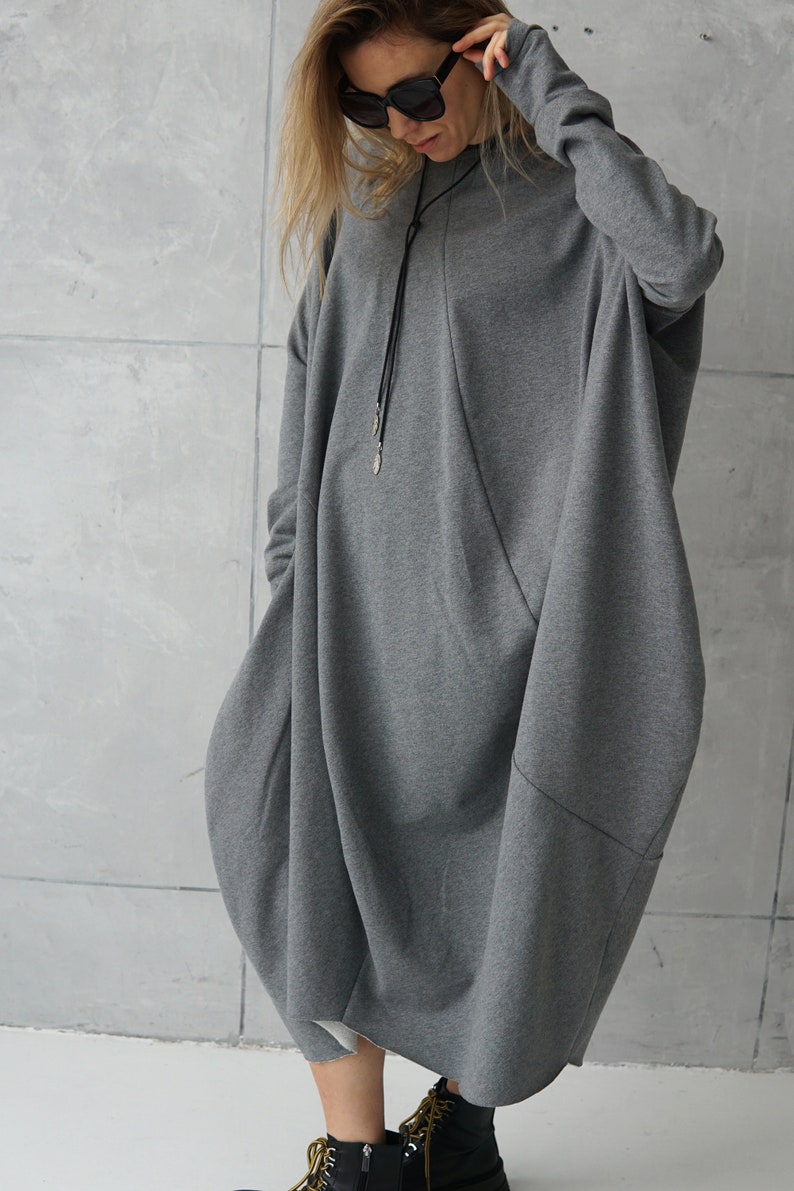 Gray jersey dress Casual dress Gray loose tunic Long sweatshirt dress Cotton dress Casual wear dress image 2