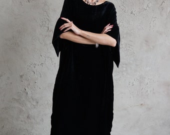 Black Velvet Dress / Oversized Tunic / Silk Velvet Dress / Black Office Dress / Black Evening Dress / Formal Dress / Dresses for Women /Goth