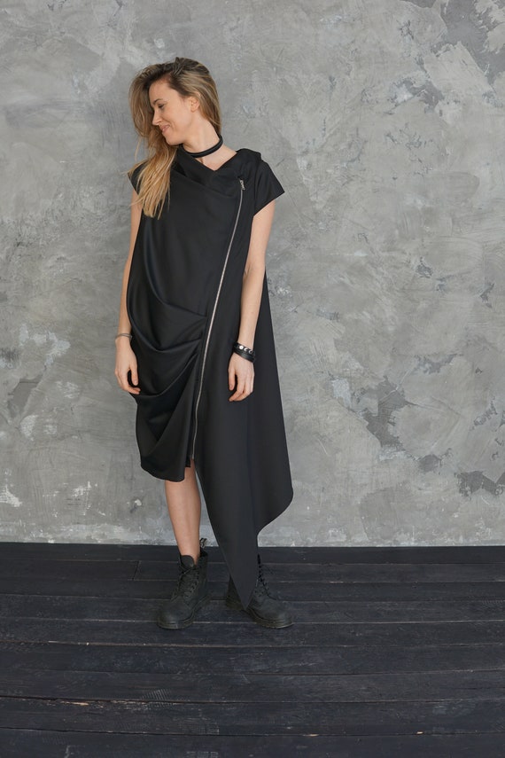 Black extravagant dress with zipper, Avant garde asymmetrical dress for women