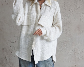 Blusa extragrande de mezcla de seda: camisa de tweed blanco, túnica de talla grande