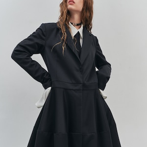 Remarkable long black wool jacket, Long black jacket, Black wool jacket, Extra long jacket, modern smocking jacket