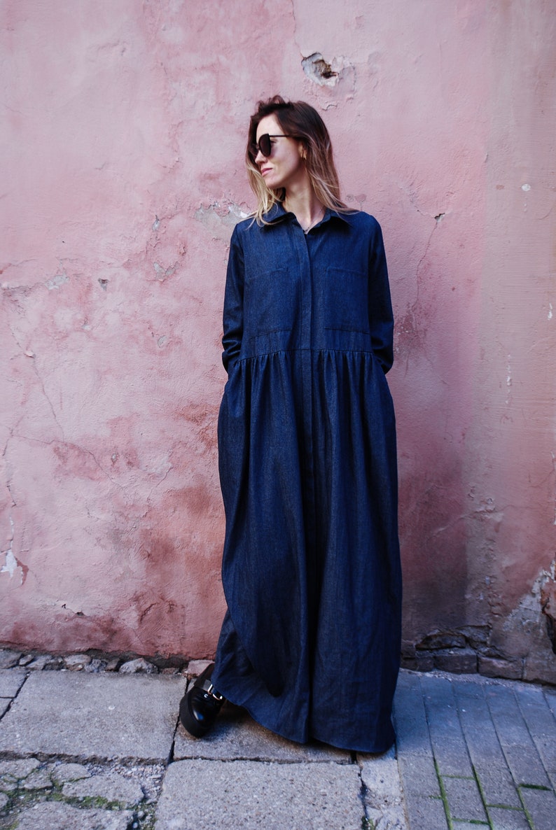 Maxi denim dress / Long dress / Oversize dress / Shirt dress / Maternity dress / Long sleeves / Casual dress / Cotton dress / Plus size image 8