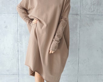 Cotton Fleece Sweatshirt Dress: Beige Maternity Jersey Plus Size