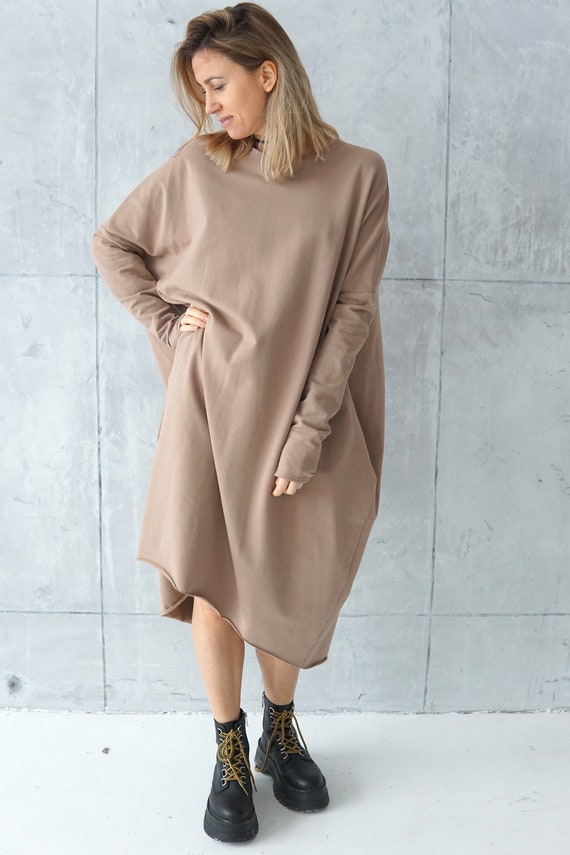 Cotton Fleece Sweatshirt Dress: Beige Maternity Jersey Plus Size