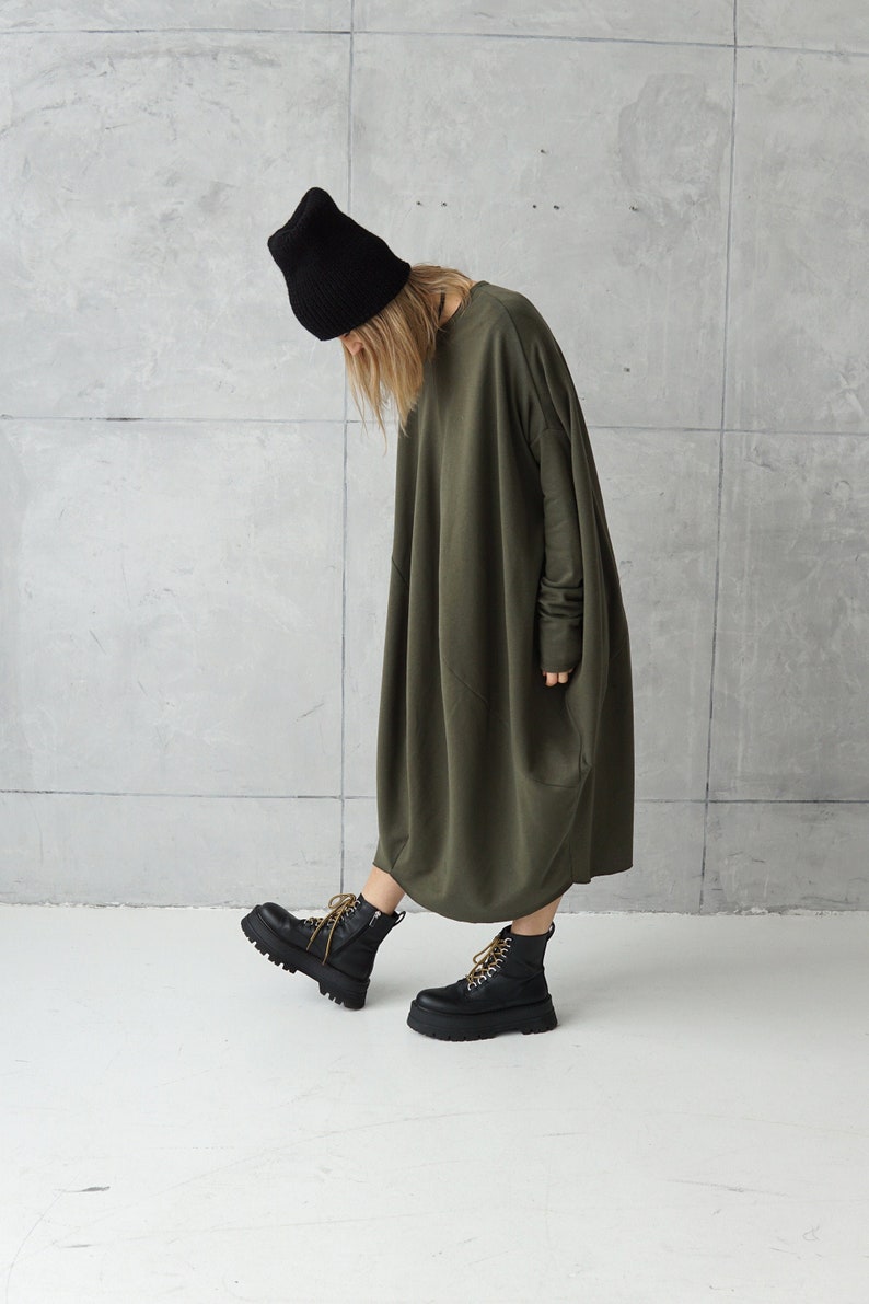 Long Jersey Dress Dresses Online Green Loose Tunic Dress Plus Size Cotton Khaki Dress Sweatshirt Dress Oversized Tunic image 1