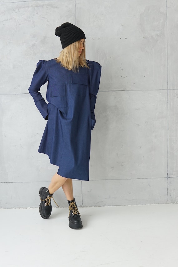 zara puff sleeve denim dress Zara Women's Blue Denim Cotton V-Neck Balloon Sleeve Knee Length Dress Size XS