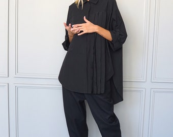 Túnica de algodón negra extragrande: blusa moderna de talla grande