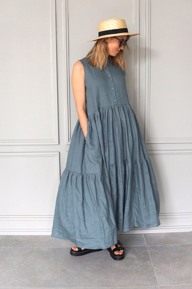 Long Linen Dress / Maxi Dress Blue / Blue Linen Dress / Linen Maxi Dress / Linen Summer Dress image 4