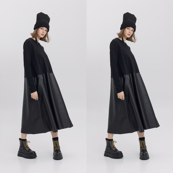 Black Cotton Knit & Faux Leather Midi Dress