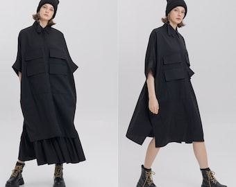 Front Pocket Shirt In Black | Plus Size Maxi Tunic | Black Oversized Half Sleeves Tunic Top