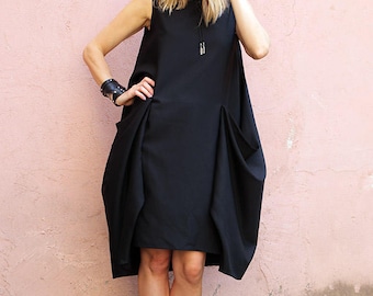 Asymmetric dress, black simple dress, loose silhouette dress, bubble silhouette dress, sustainable clothes