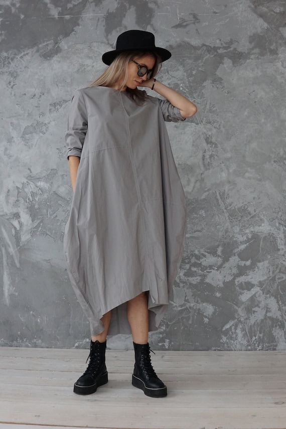 Plus Size Grey Cotton Dress: Oversized Loose Fit