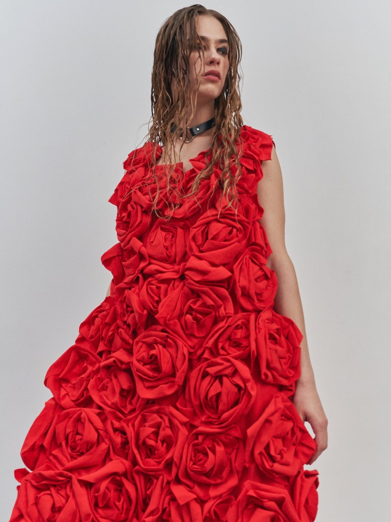 Red cotton wedding dress with roses