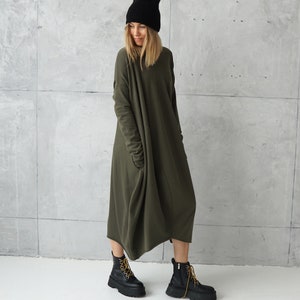 Long Jersey Dress Dresses Online Green Loose Tunic Dress Plus Size Cotton Khaki Dress Sweatshirt Dress Oversized Tunic image 2