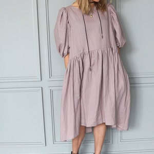 Pink linen dress Boho linen tunic Summer linen dress Midi linen dress Vintage linen dress Romantic linen dress image 6