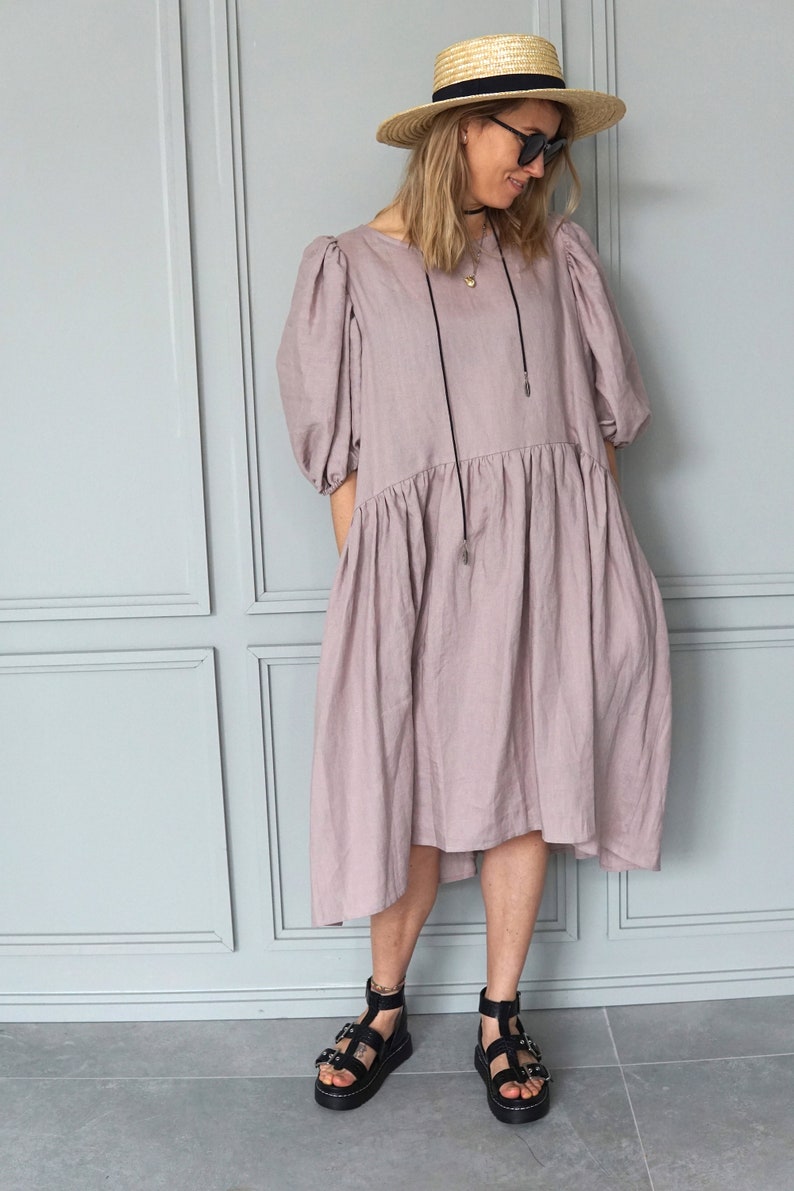 Pink linen dress Boho linen tunic Summer linen dress Midi linen dress Vintage linen dress Romantic linen dress image 6