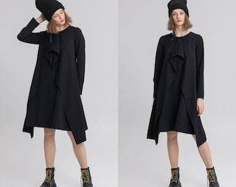 Asymmetrical Black Tunic Dress: Long Sleeve Designer Dress