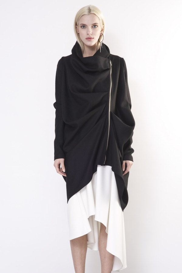 Long Overcoat Wool Like Fabric Asymmetric Draped