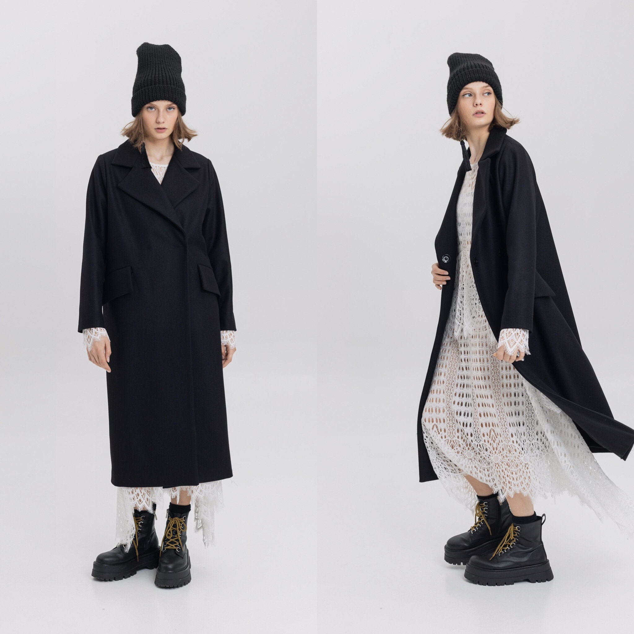 Minimalist Wool Coat / Black Oversized Coat / Black Classic