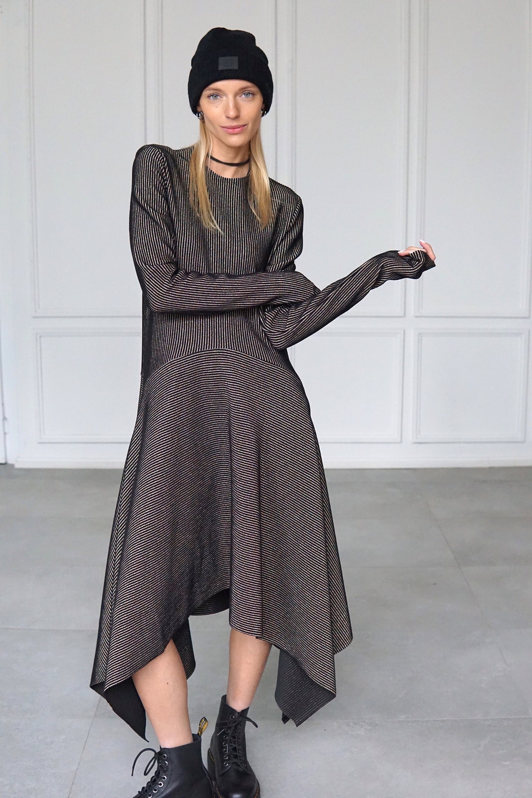 Black Jersey Dress: Gold Stripes, Asymmetric Hem, Long Sleeves Black Jersey Dress: Gold Stripes, Asymmetric Hem, Long Sleeves