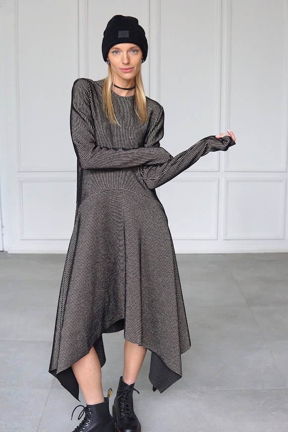 Black Jersey Dress: Gold Stripes, Asymmetric Hem, Long Sleeves
