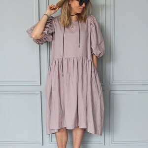 Pink linen dress Boho linen tunic Summer linen dress Midi linen dress Vintage linen dress Romantic linen dress image 2