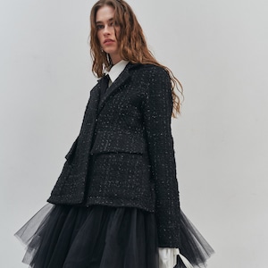 Chic Black Blazer, Black tweed blazer, Black jacket for women, Tweed jacket, Womens jacket, Short coat, Elegant Outerwear, Textured Blazer