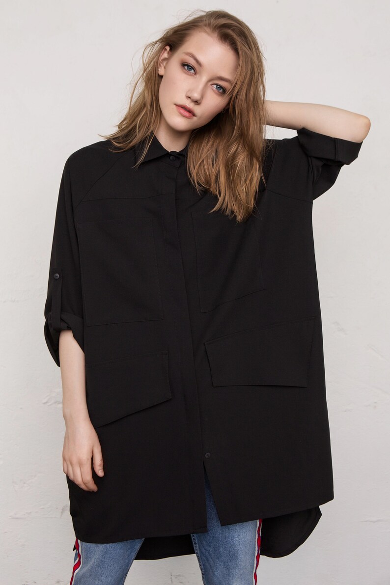 Black plus size shirtdress Plus size dress Black shirtdress Black oversized shirt Oversized blouse Black asymmetrical top