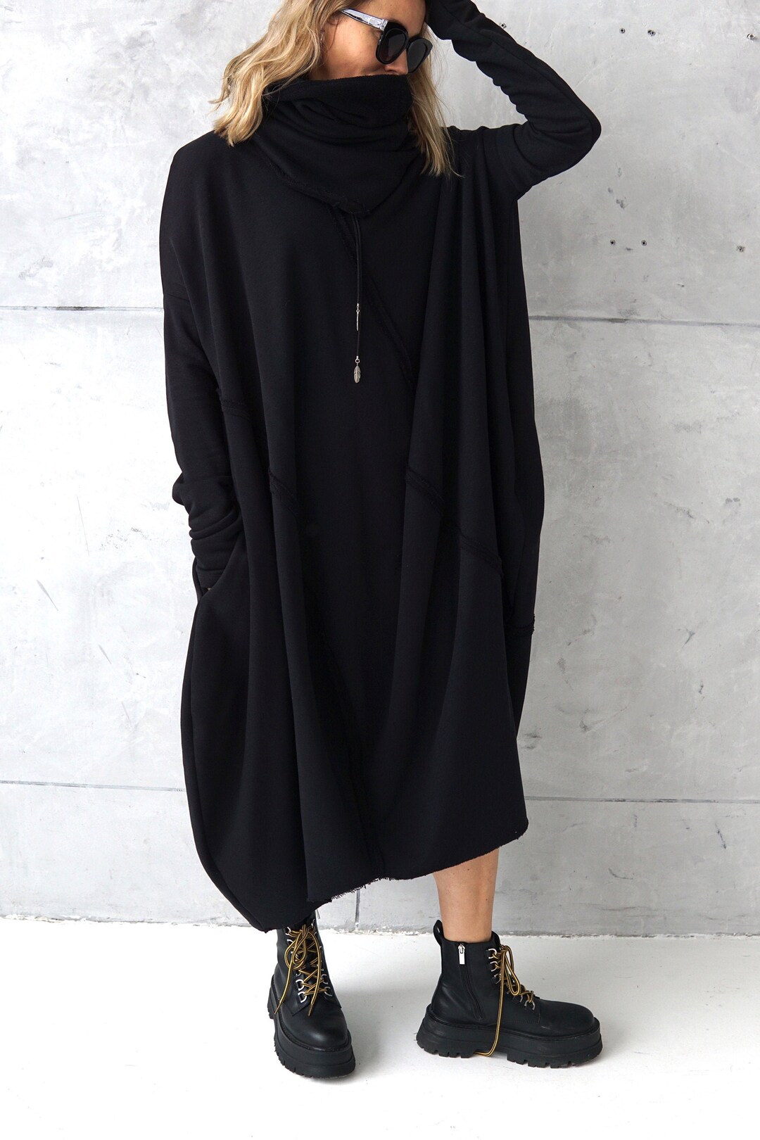 Oversized Black Cotton Jersey Tunic Dress with Scarf