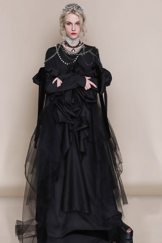 Avant-Garde Wool Dress: Black Gothic Tulle Designer Gown