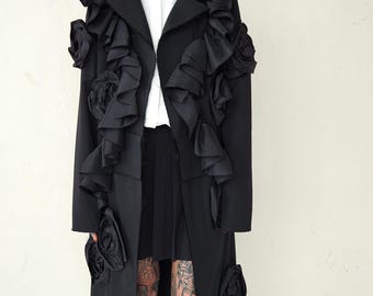 Abrigo de lana negro / Abrigo vanguardista oversize / Abrigo largo único / Abrigo de invierno asimétrico / Tejido de lana / Abrigo con flores