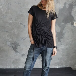 Black asymmetrical t-shirt / Black summer t-shirt / Black festival t-shirt / Black shirt image 5