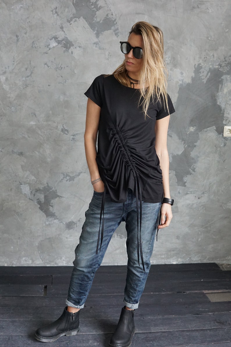 Black asymmetrical t-shirt / Black summer t-shirt / Black festival t-shirt / Black shirt image 5