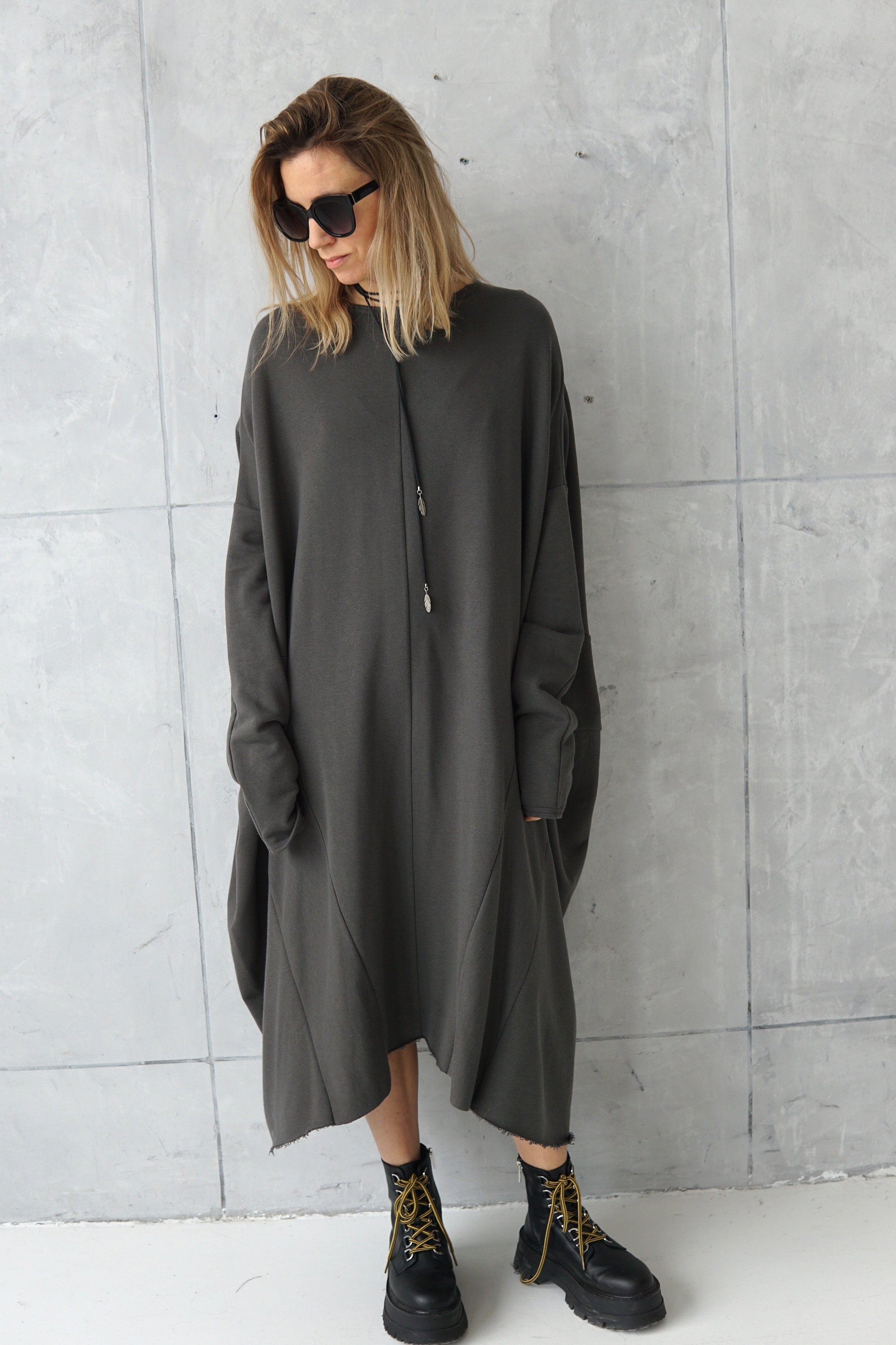 Women Grey Melange Terry Oversized Midi Sweat Dress