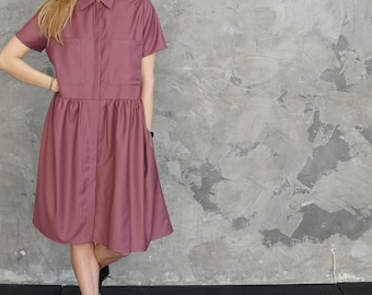 Pink shirt dress / Pink summer dress / Asymmetric dress / Front button dress / Romantic dress / Pink collar dress / Collar dress woman