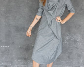 Grey avant-garde wool dress / Formal dress with 3/4 sleeves / Grey midi A line dress