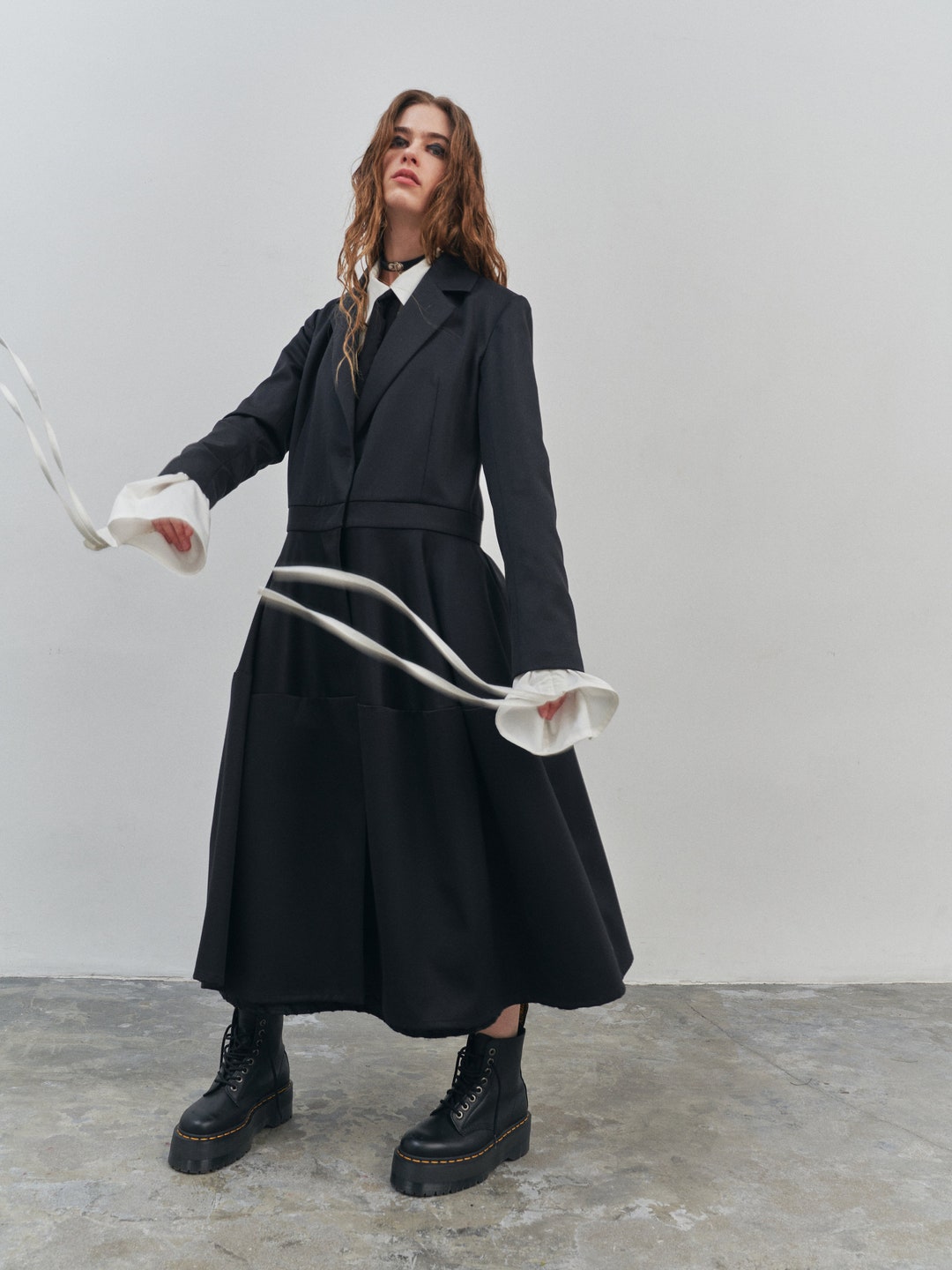 Maxi Black Wool Jacket: Modern Smocking, Classic Lapels - Etsy