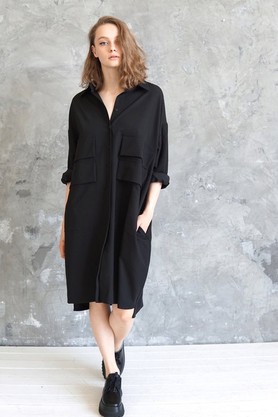 Oversized black shirt Maxi blouse Black plus size tunic