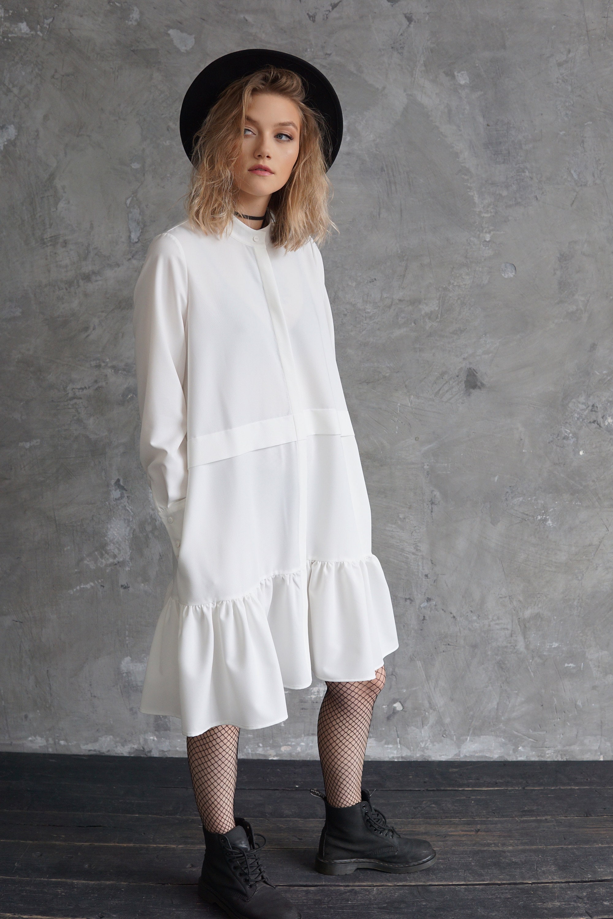 white ruffle shirt dress Gathered Ruffle Shirt Dress 2 / White