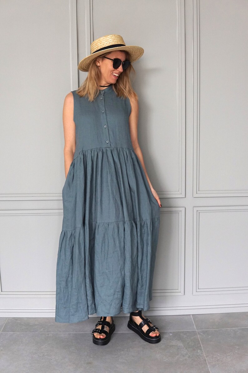 Long Linen Dress / Maxi Dress Blue / Blue Linen Dress / Linen Maxi Dress / Linen Summer Dress image 3