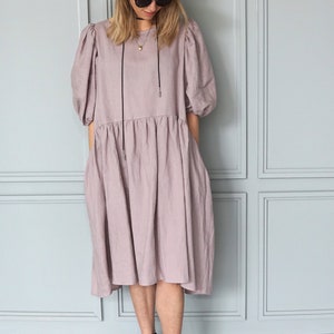 Pink linen dress Boho linen tunic Summer linen dress Midi linen dress Vintage linen dress Romantic linen dress image 4