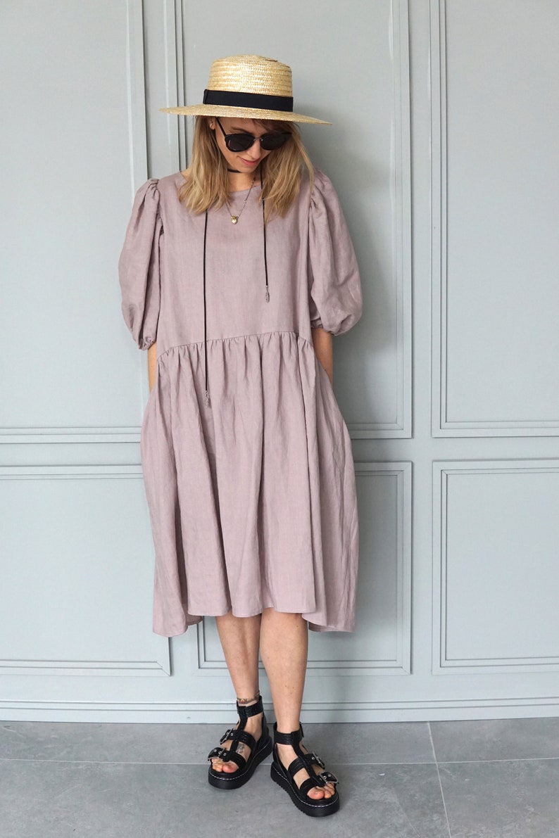 Pink linen dress Boho linen tunic Summer linen dress Midi linen dress Vintage linen dress Romantic linen dress image 4