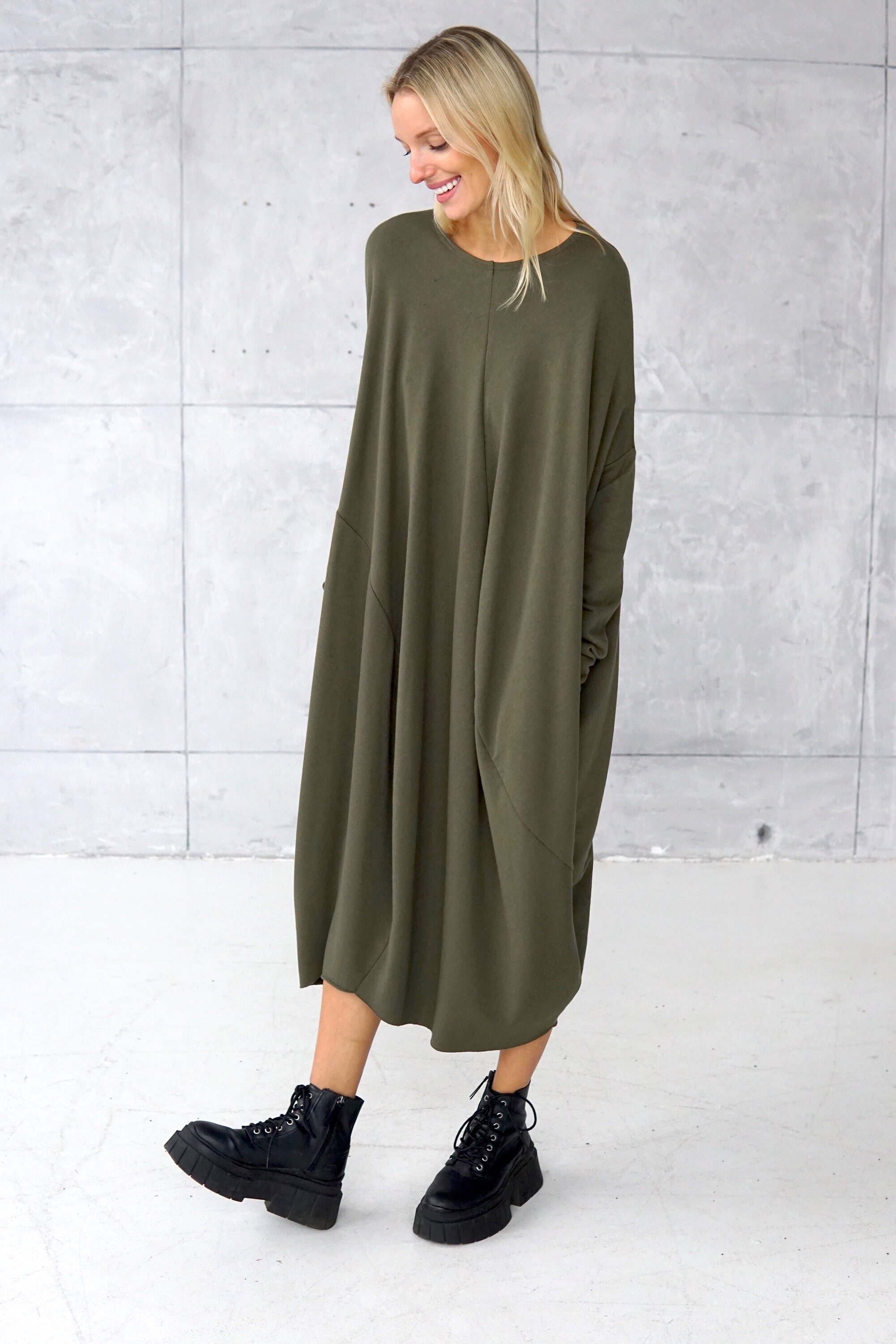 baggy jersey dress Green Cotton Dress: Oversized Long Sleeve Tunic Maxi dress