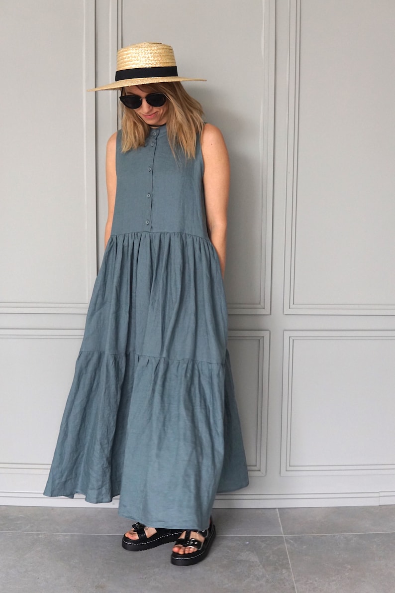 Long Linen Dress / Maxi Dress Blue / Blue Linen Dress / Linen Maxi Dress / Linen Summer Dress image 1