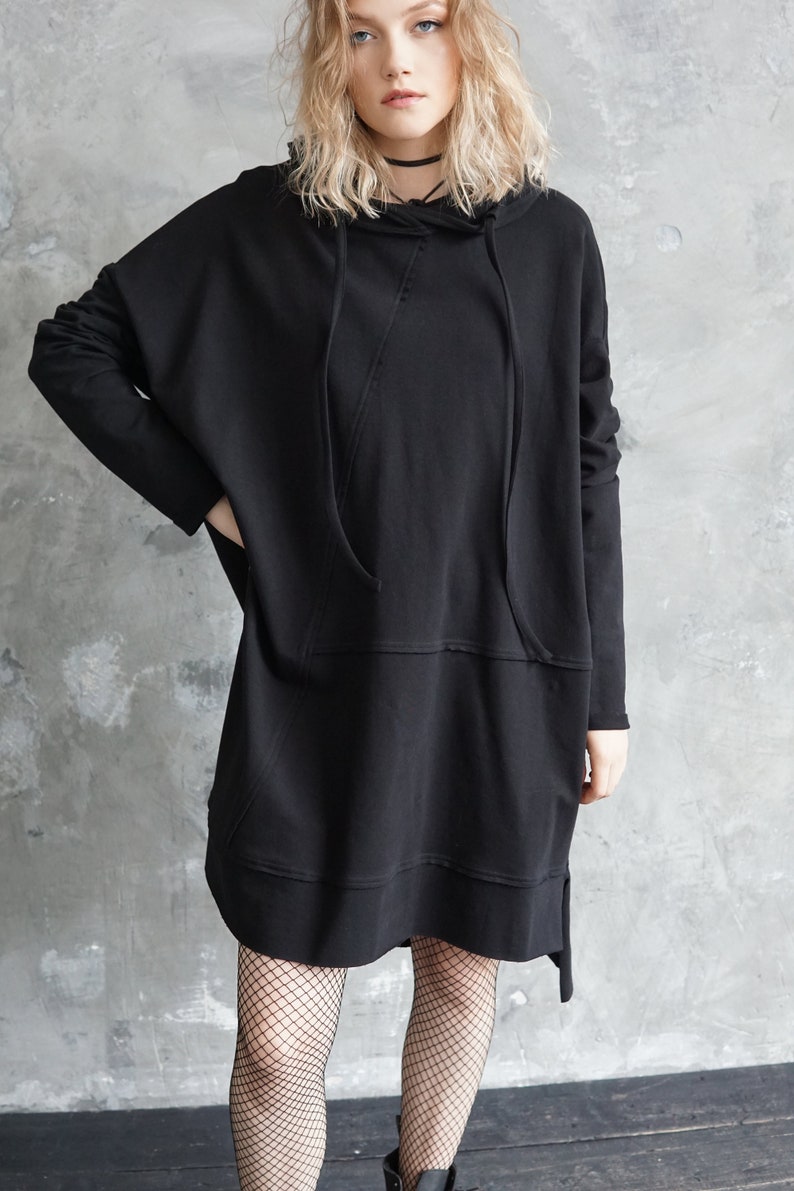 Sweat à capuche oversize noir Long sweat-shirt noir Robe-pull ample image 8