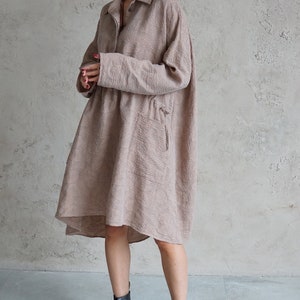 Natural Cotton Dress, Casual Loose Midi Brown Dress, Plus Size Shirt Dress, Cotton Tunic, Sustainable Clothing, Oversized Dress,