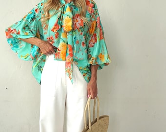 Floral Viscose Blouse for Women, Oversized Boho Top, Statement Sleeve Blouse, Tie Neck Blouse, Elegant Loose Fit Shirt, Romantic Floral Top