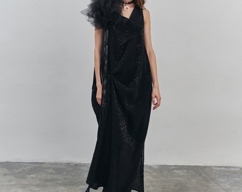 Vestido largo de lentejuelas negras: vestido de noche sin mangas con aberturas