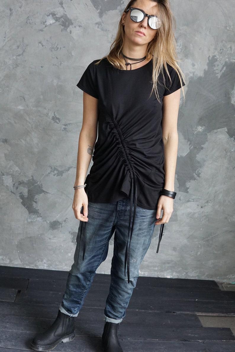 Black asymmetrical t-shirt / Black summer t-shirt / Black festival t-shirt / Black shirt image 1