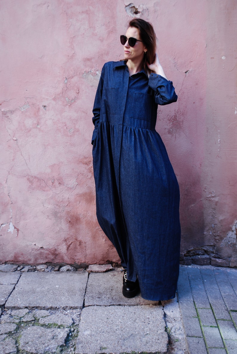 Maxi denim dress / Long dress / Oversize dress / Shirt dress / Maternity dress / Long sleeves / Casual dress / Cotton dress / Plus size image 6